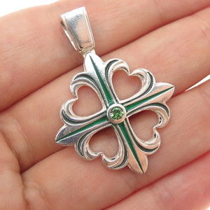 925 Sterling Silver Vintage Enamel Real Peridot Fleur de Lis Cross Charm Pendant